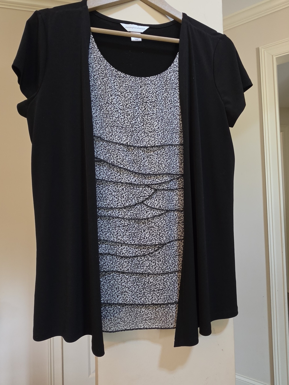 Christopher & Banks Black Open‎ Front Tunic with White Printed Ruffled Shell